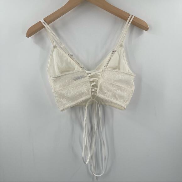 AERIE Bralette Size Medium Lace Embroidered Longline Bra Corset Cream Flower NWT - Picture 3 of 13